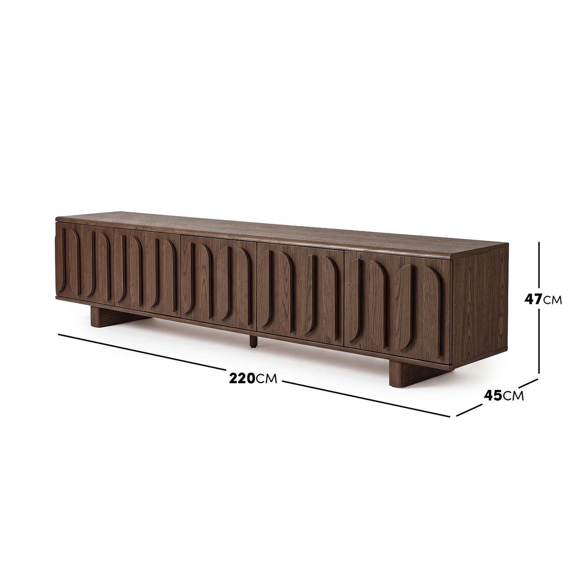 Dark wood modern sideboard on a white background with dimensions shown