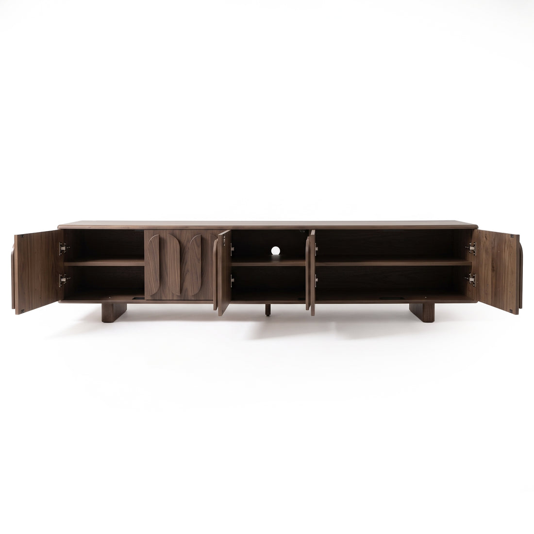 Dark wood credenza with all doors open on a white background