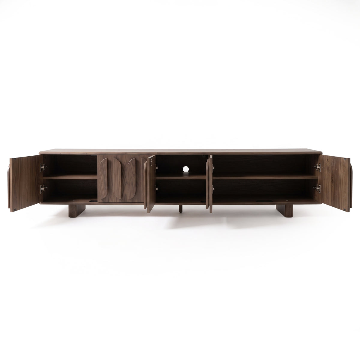 Dark wood credenza with all doors open on a white background