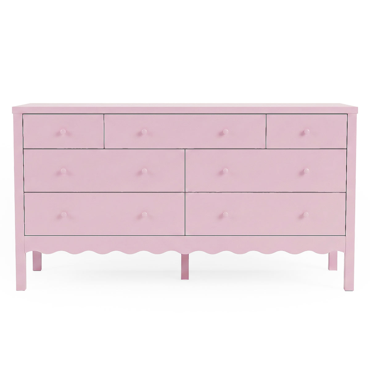Pink dresser with eight drawers on white background