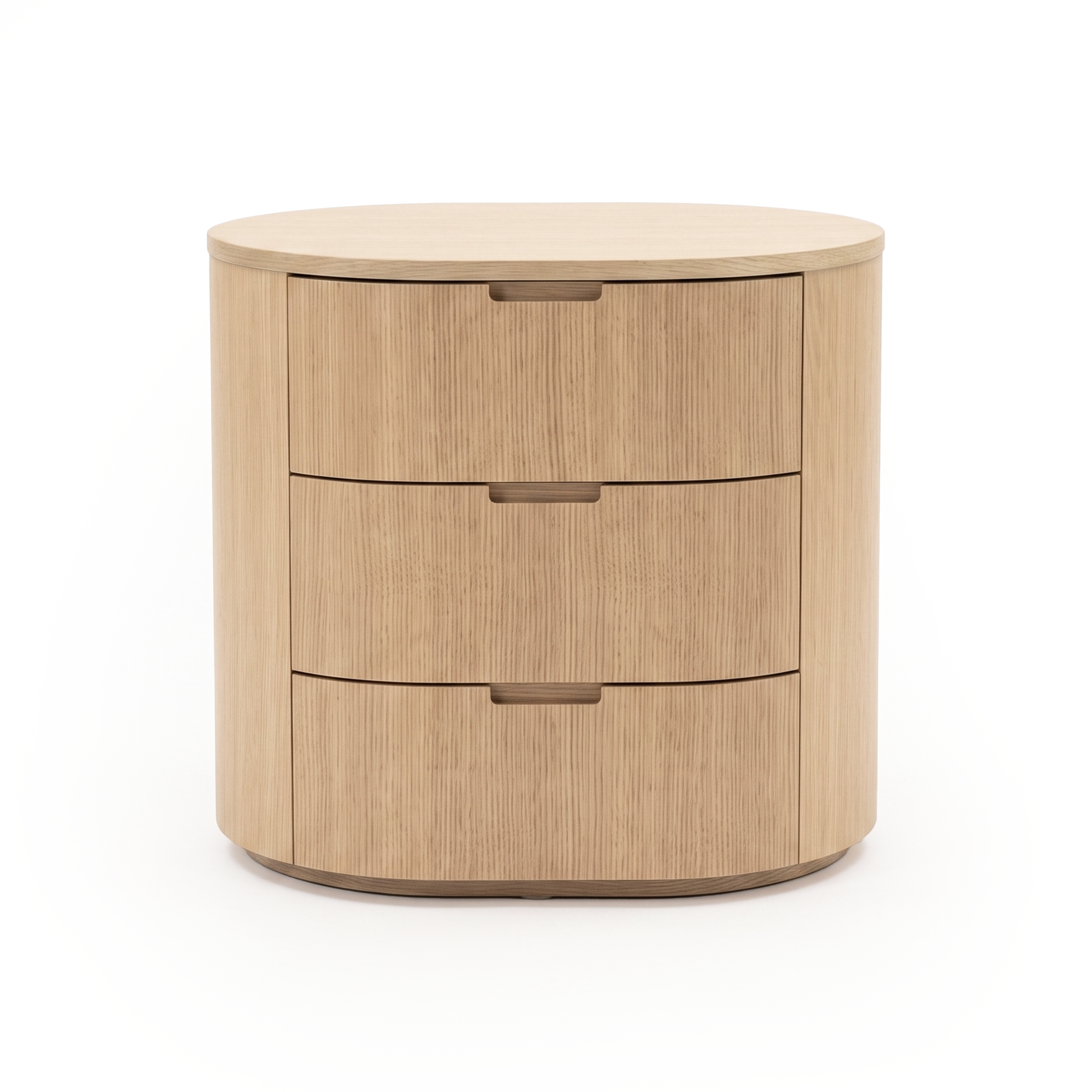 Three-drawer light wood rounded dresser photographed on a white background