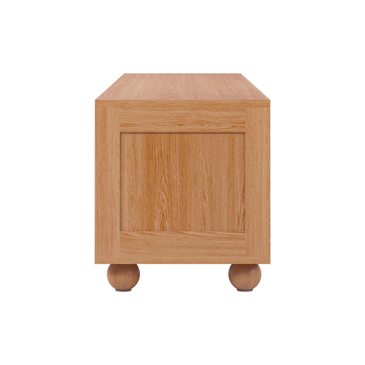 Thea 200cm Solid Oak Rattan Entertainment Unit - Natural features a close-up of its solid oak surface and rattan sliding doors, showcasing elegant design and practical storage in fine wooden craftsmanship.