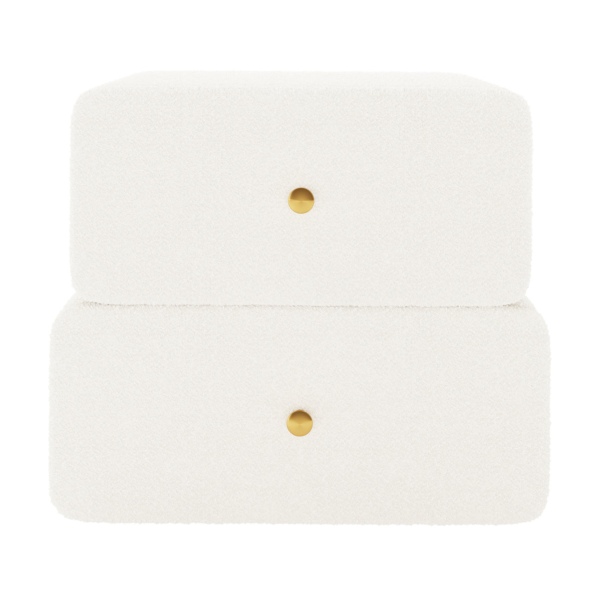 Tyla Boucle Bedside Table in Cream White, features a minimalist two-tier design with textured bouclé upholstery, two drawers each with a central brass-tone knob, enhancing bedroom elegance and functionality.