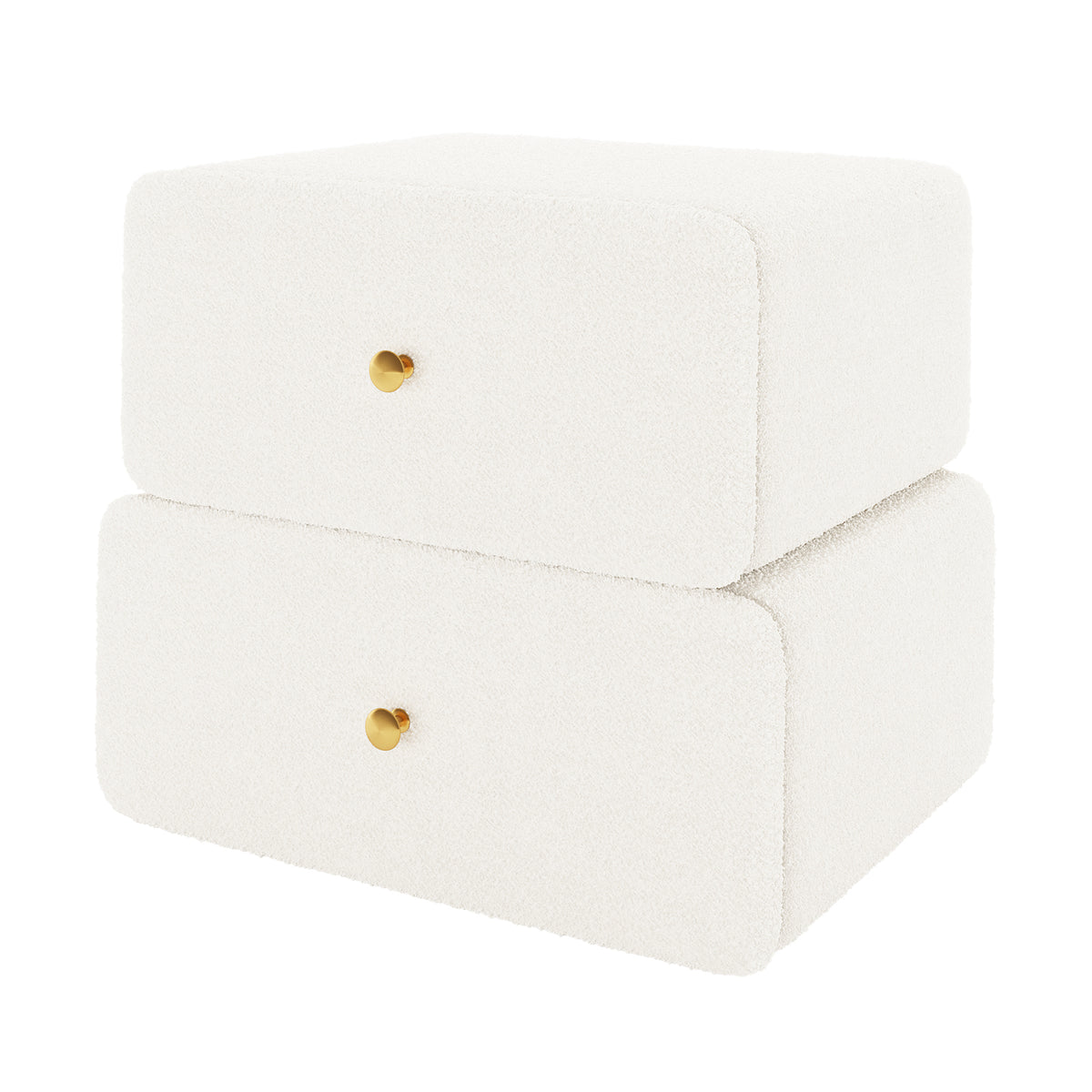 Tyla Boucle Bedside Table in Cream White, featuring minimalist stack-mounted drawer units with soft-edged, textured finish, and round gold knobs, exuding cosy elegance and functionality for a stylish bedroom addition.
