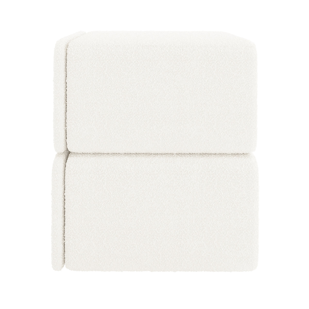 Tyla Boucle Bedside Table in Cream White, featuring cube-shaped upholstery blocks stacked, covered in soft boucle fabric, suggesting a modular design. This elegant piece offers both functionality and style for bedrooms.