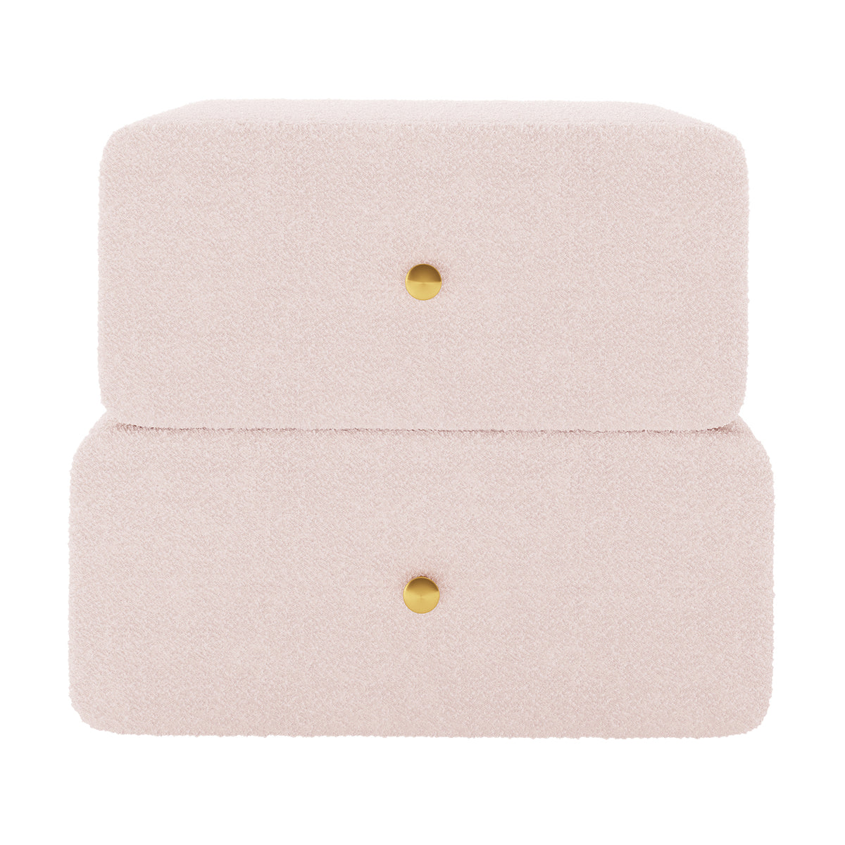 Tyla Boucle Upholstered Bedside Table in Light Pink features two soft, rounded drawers with brass knobs, wrapped in plush boucle fabric, offering a modern, elegant storage solution for bedrooms.