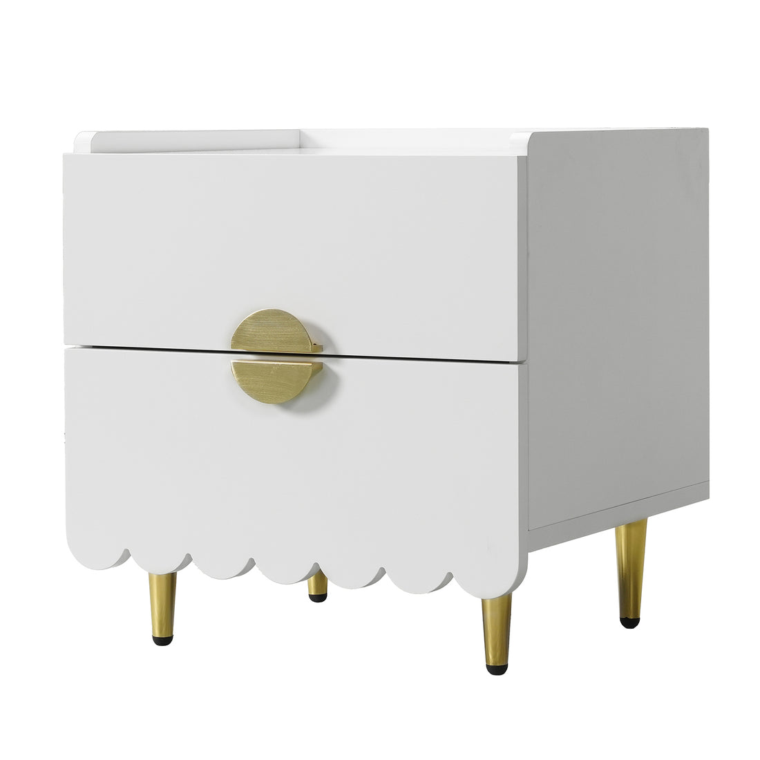 Venroy 45cm Bedside Table with 2 Drawers in White, featuring a smooth finish, scalloped bottom edge, round brass-colored pulls, and tapered brass legs with black foot caps.