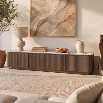Walnut TV entertainment unit with ribbed front and marble-look sintered stone top