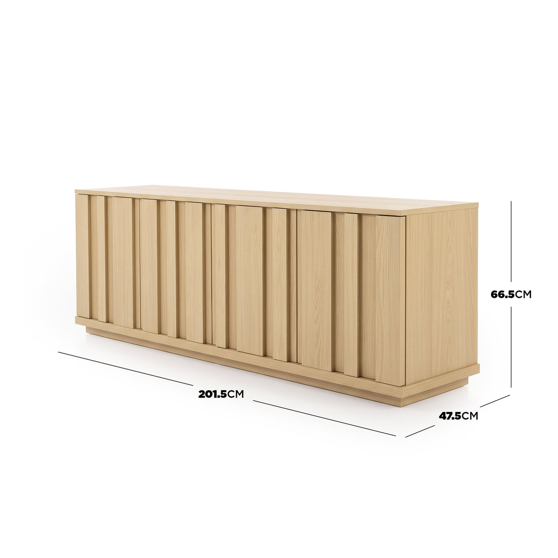 Light wood sideboard with dimensions labeled on a white background
