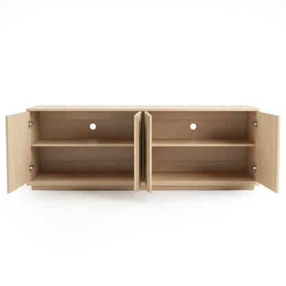 Open light wood storage cabinet on a white background