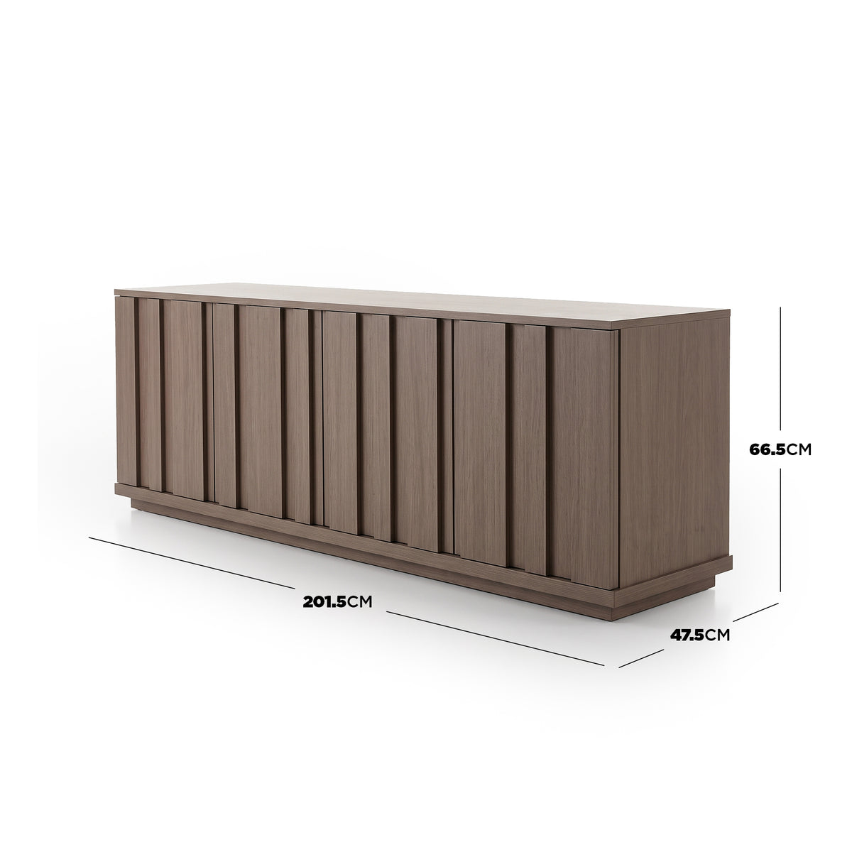 Wooden sideboard on white background with labeled dimensions