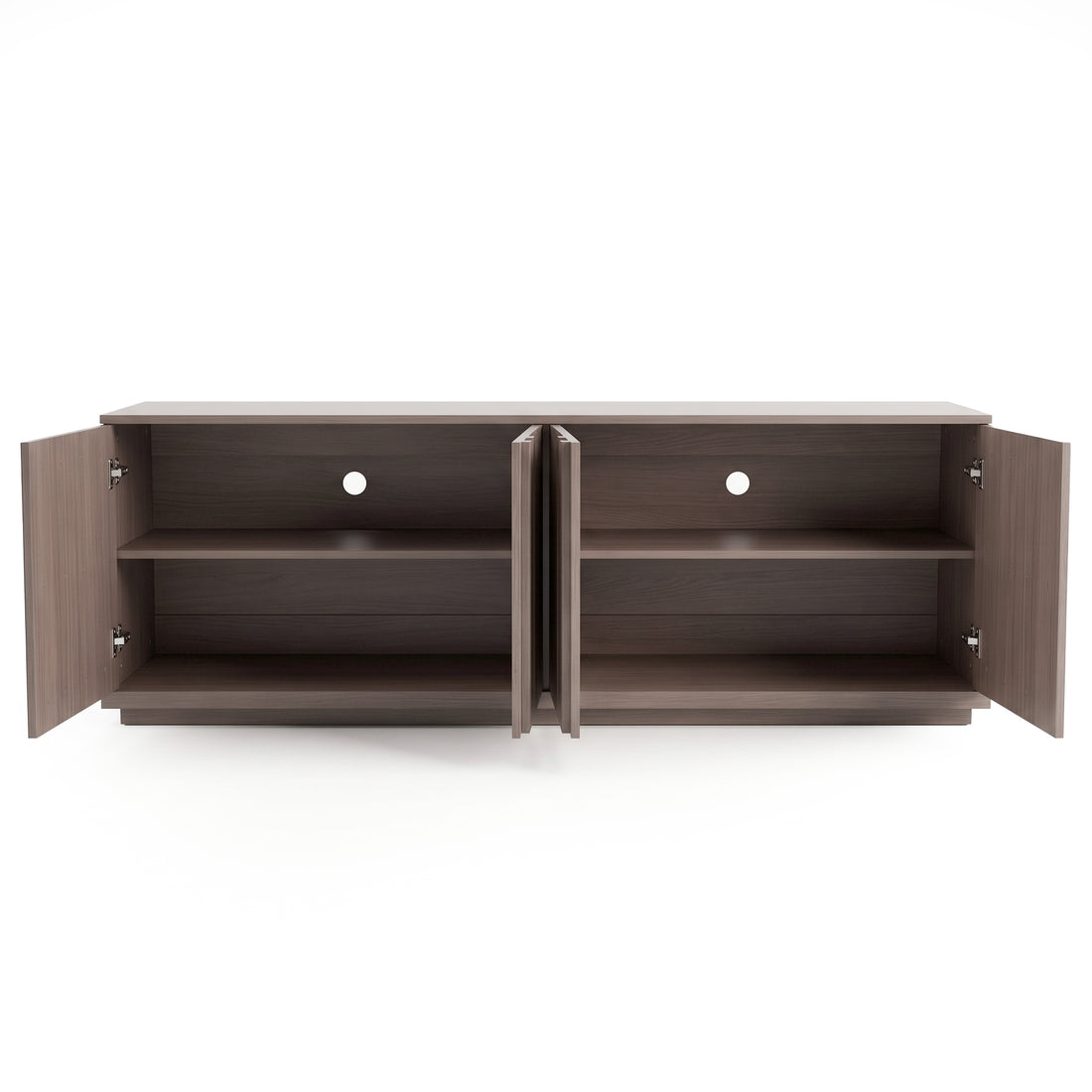Wooden sideboard with open cabinet doors on a white background