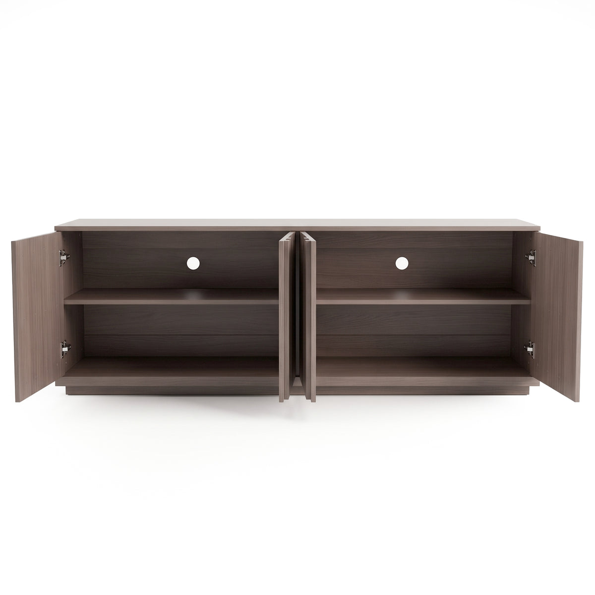 Wooden sideboard with open cabinet doors on a white background