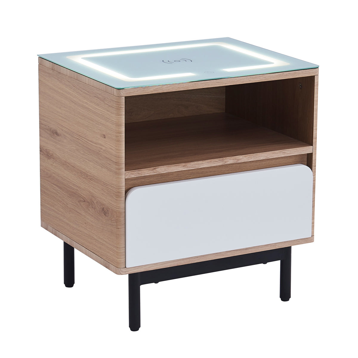 Close-up of the Zayn Smart Bedside Table with Wireless Charger, showcasing its sleek glass top, engineered wood surface, and integrated Qi charging pad, emphasizing modern design and functionality for a bedroom setting.
