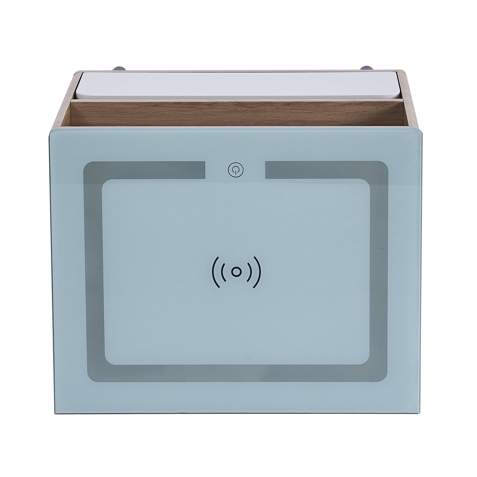 Zayn Smart Bedside Table with Wireless Charger features a sleek wood surface, integrated screen control, and a circular wireless charging area, enhancing modern bedroom functionality.