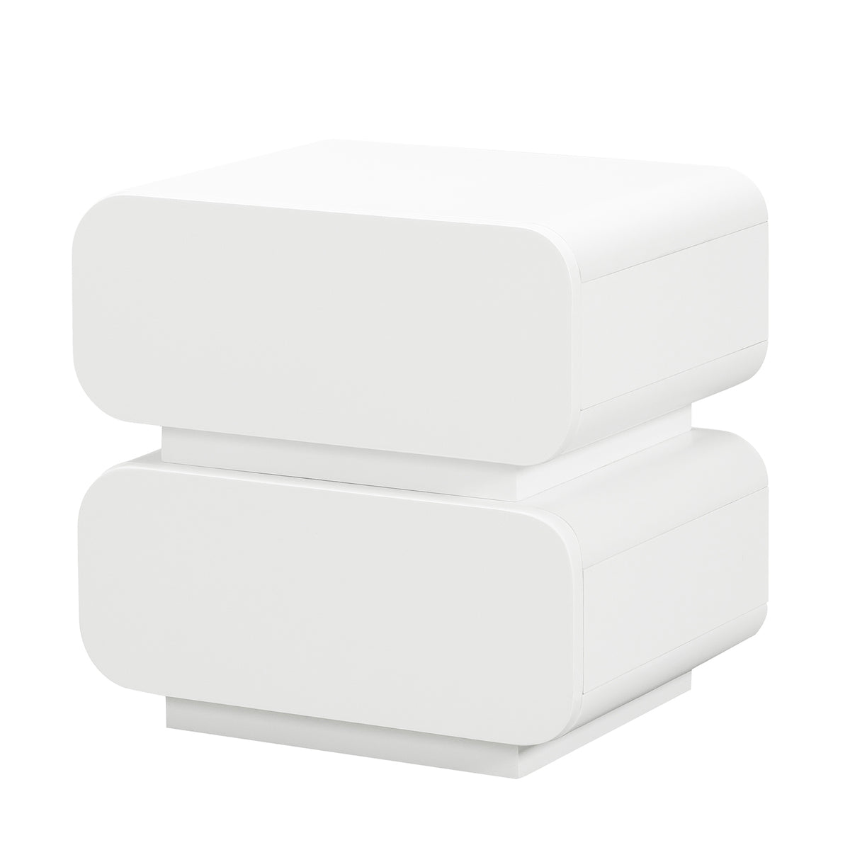 Zimerman 50cm 2-Drawer Bedside Table in White, featuring a minimalist design with two deep drawers, rounded corners, and a recessed plinth base, showcasing modern elegance and functionality.
