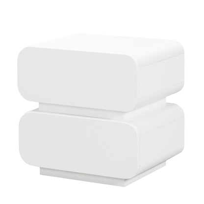 Zimerman 50cm 2-Drawer Bedside Table in White, featuring a minimalist design with two deep drawers, rounded corners, and a recessed plinth base, showcasing modern elegance and functionality.