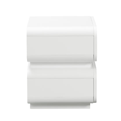 Zimerman 50cm 2-Drawer Bedside Table in White with a minimalist design, featuring handle-less drawers and a smooth finish, offering functional storage and modern elegance for bedroom spaces.