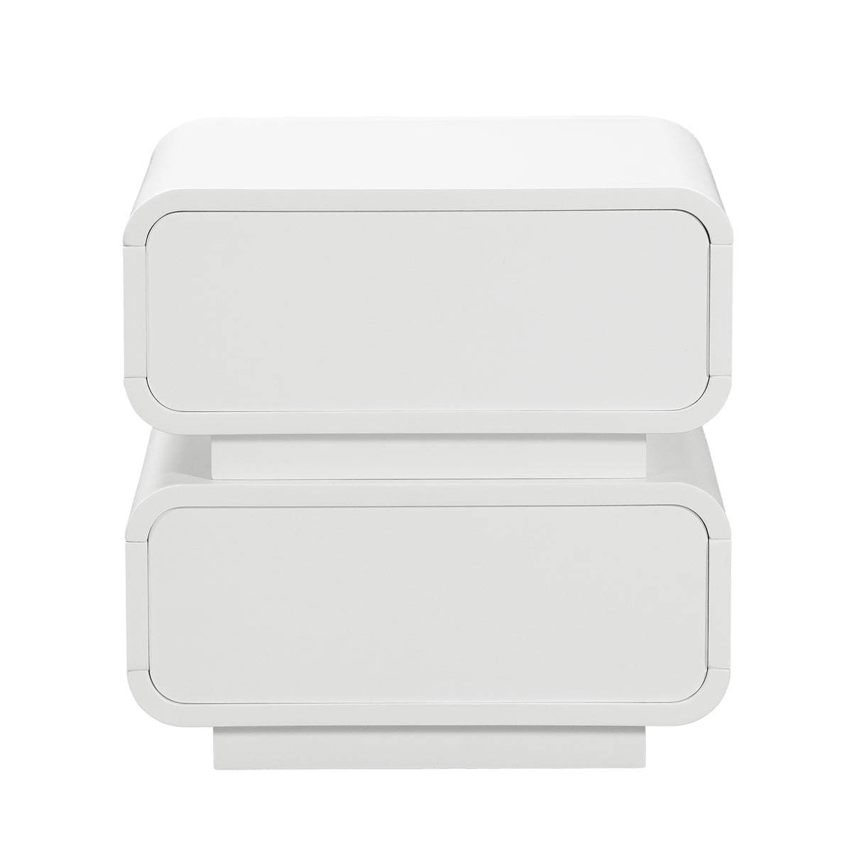 Zimerman 50cm 2-Drawer Bedside Table in White, featuring a minimalist design with two rounded-corner drawers, offering practical storage while adding a sleek, modern touch to any bedroom.