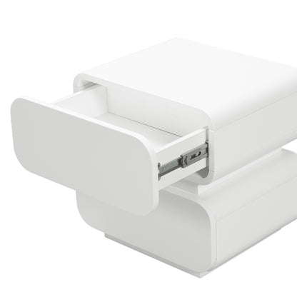 Zimerman 50cm 2-Drawer Bedside Table in White, featuring a minimalist design with two rounded-corner boxes and a partially open drawer, showcasing metal slides for smooth operation.