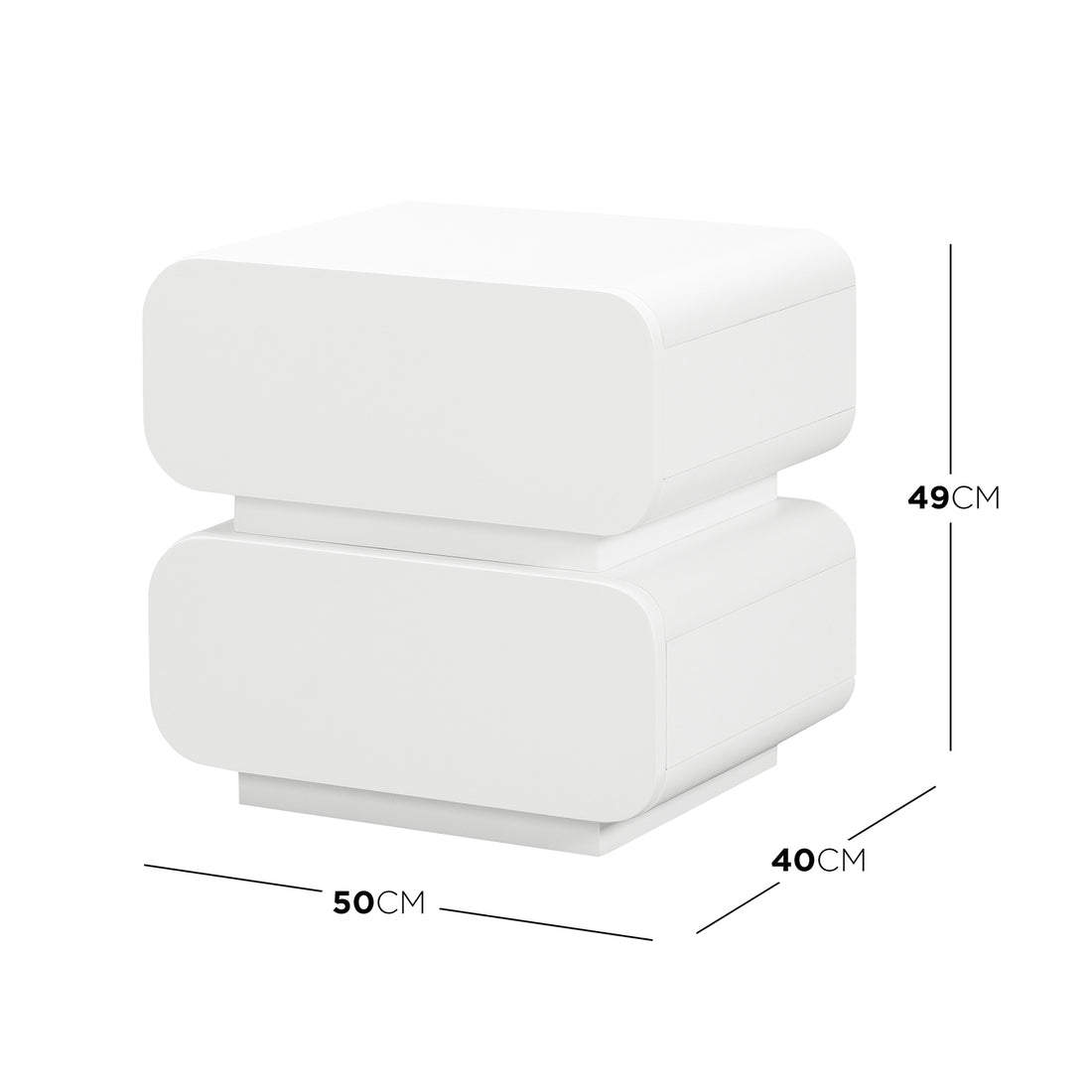 Zimerman 50cm 2-Drawer Bedside Table in White, featuring a minimalist design with two stacked, rounded-corner boxes and hidden drawers. Dimensions: 50cm wide, 40cm deep, 49cm tall. Ideal for modern bedrooms.