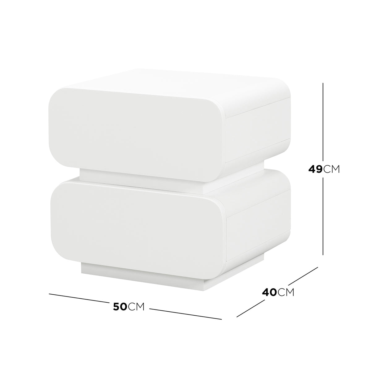 Zimerman 50cm 2-Drawer Bedside Table in White, featuring a minimalist design with two stacked, rounded-corner boxes and hidden drawers. Dimensions: 50cm wide, 40cm deep, 49cm tall. Ideal for modern bedrooms.