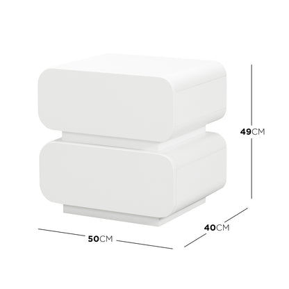 Zimerman 50cm 2-Drawer Bedside Table in White, featuring a minimalist design with two stacked, rounded-corner boxes and hidden drawers. Dimensions: 50cm wide, 40cm deep, 49cm tall. Ideal for modern bedrooms.