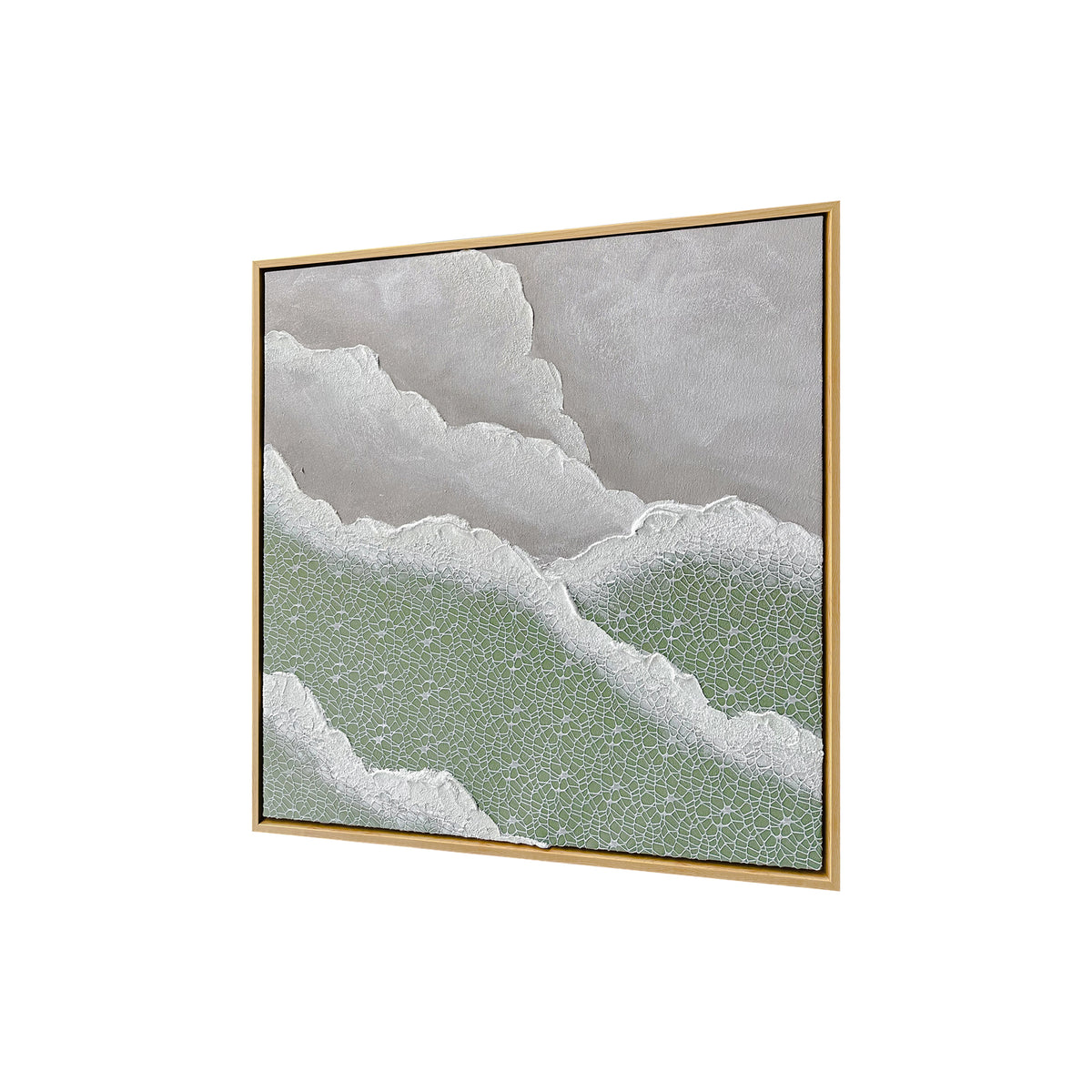Left Angled view of Nolan Modern Framed Textured Canvas, emphasizing the depth created by its 3D texture, the sleek polystyrene outer frame, and sturdy pine inner frame.