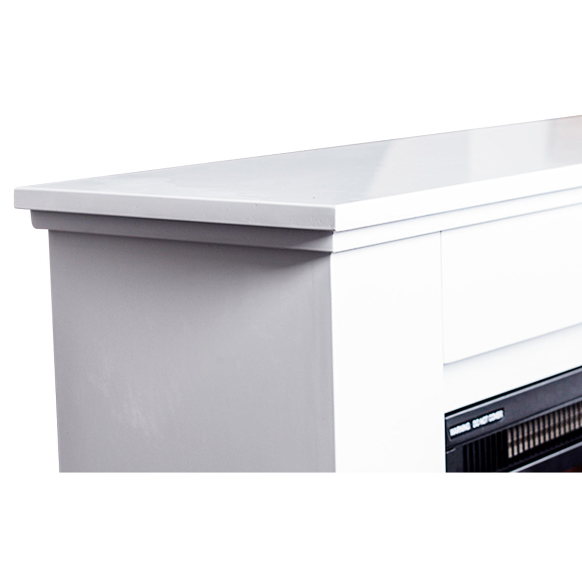 Luxo Anala 1500W Electric Fireplace Mantel & Heater White showcasing a classic-style mantel with intricate detailing, featuring realistic LED flames and a log set, designed for cosy home environments.