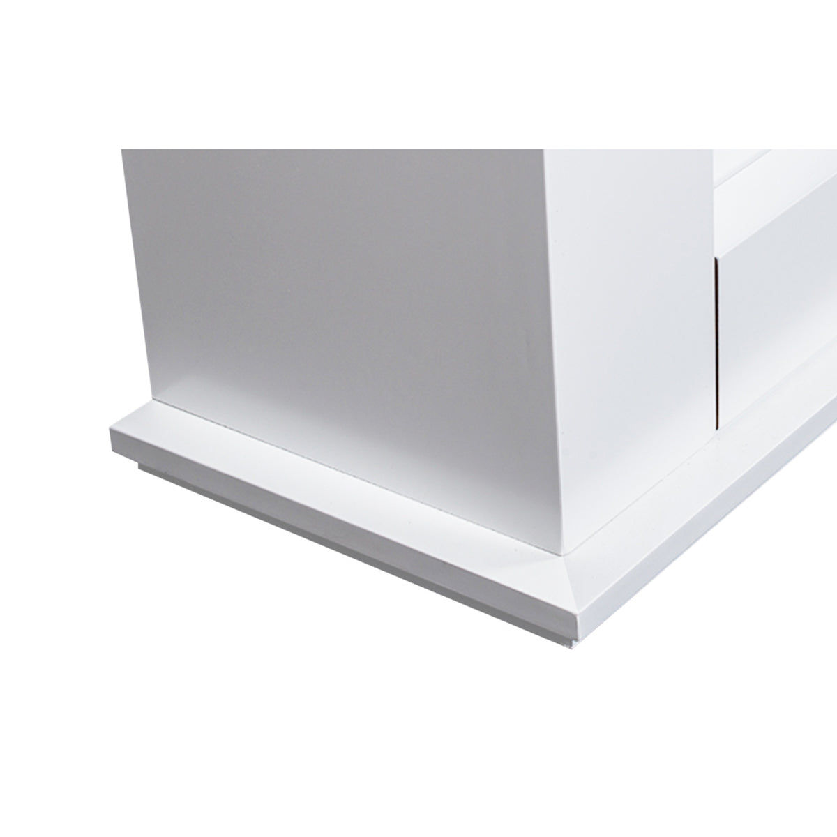Luxo Anala 1500W Electric Fireplace Mantel & Heater White, showcasing a classic mantel design, realistic flame effect, and adjustable heating settings, highlighted in a close-up of its elegant structure.