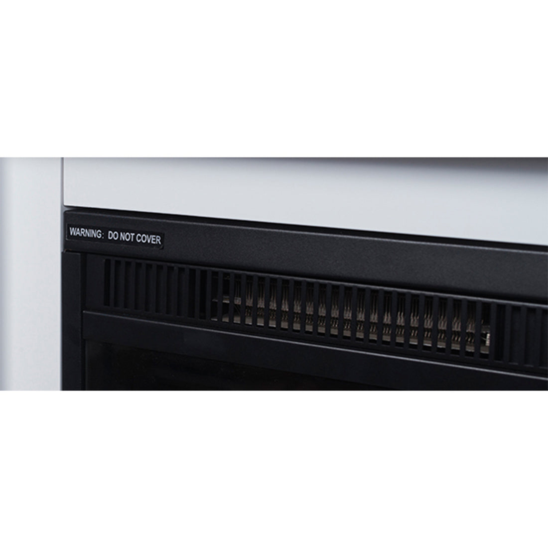 Luxo Anala 1500W Electric Fireplace Mantel & Heater features a sleek black rectangular design with a prominent metal vent, ideal for stylishly warming and enhancing your living space.