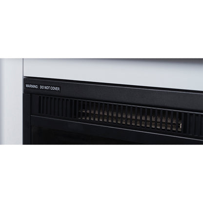 Luxo Anala 1500W Electric Fireplace Mantel & Heater features a sleek black rectangular design with a prominent metal vent, ideal for stylishly warming and enhancing your living space.