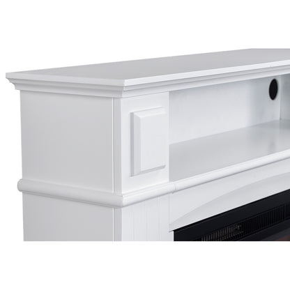 Close-up of the Banhi 1500W Electric Fireplace Heater with Mantel in White, showcasing the top shelf, cubby with cable-management hole, and the edge of the electric firebox insert below.