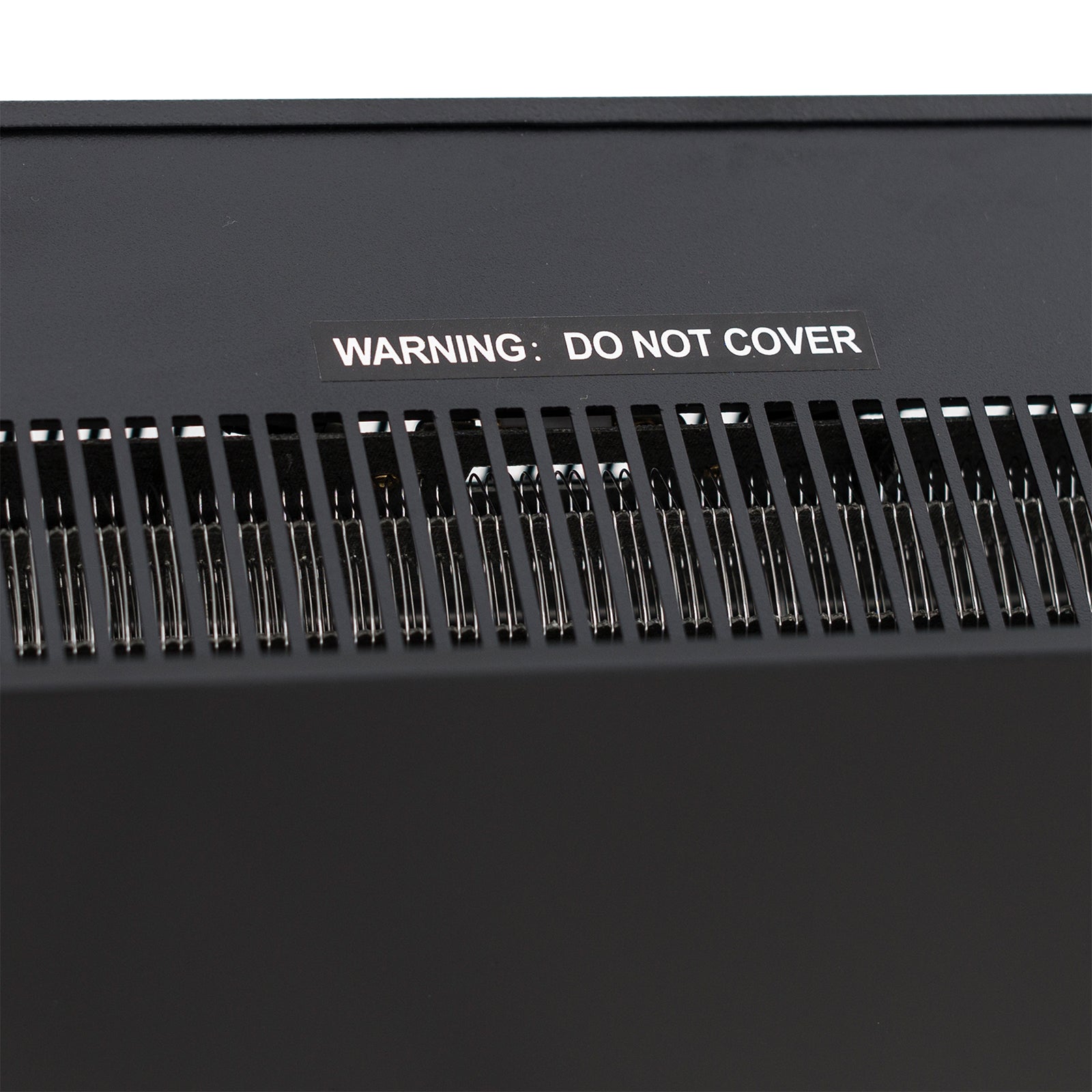 Dakota 60 Wall Mounted 1500W Electric Fireplace Heater Black with visible vent slots and coiled heating element, featuring a “WARNING: DO NOT COVER” label on top for safety.