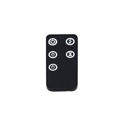 Dakota 60 Wall Mounted 1500W Electric Fireplace Heater Black, featuring a compact remote control with buttons for power, mist modes, timer, and mist adjustment, ideal for modern heating convenience.