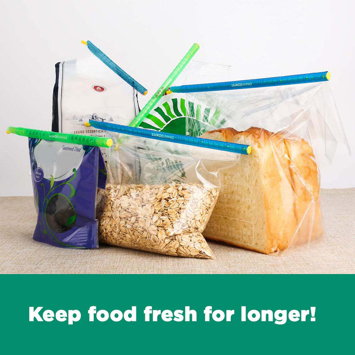 6pcs Sealing Sticks Reusable Clips Bag Sealer in Blue Green, securing food-storage bags with sliced bread and oats, demonstrating their effectiveness in maintaining freshness and minimizing waste.