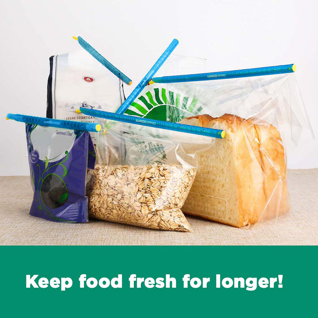 30pcs Reusable Sealing Clips - Blue secure various food bags like oats, bread, dried fruit, and coffee, featuring a pencil-style design for effective sealing to maintain freshness and prevent odours.