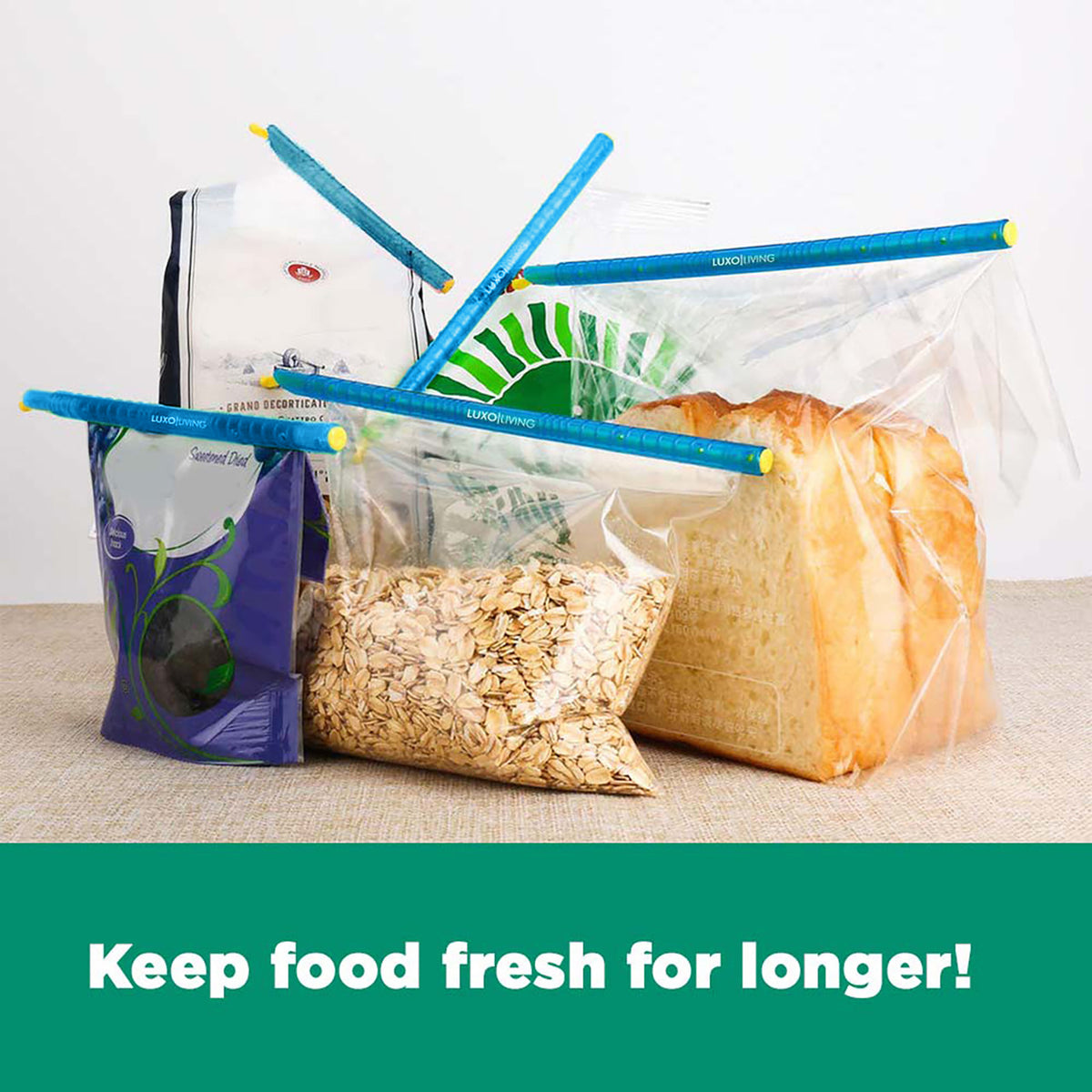 30pcs Reusable Sealing Clips - Blue secure various food bags like oats, bread, dried fruit, and coffee, featuring a pencil-style design for effective sealing to maintain freshness and prevent odours.