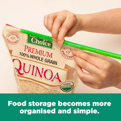 Hands sealing a 100% whole-grain quinoa bag using a 30pcs Reusable Sealing Clips - Blue & Green, demonstrating easy, organized food storage with air-tight closure for freshness.