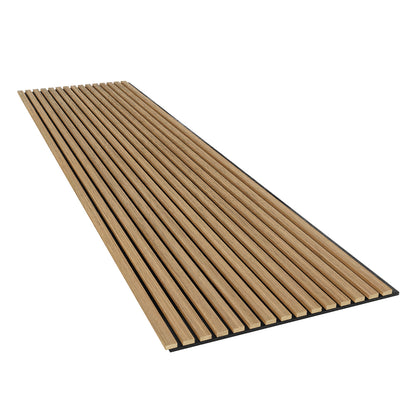 Agoran 240cm Acoustic Wood Slat Wall Panel Natural, showcasing a close-up of its textured wood surface, illustrating its sleek, modern design ideal for enhancing room aesthetics and noise reduction.
