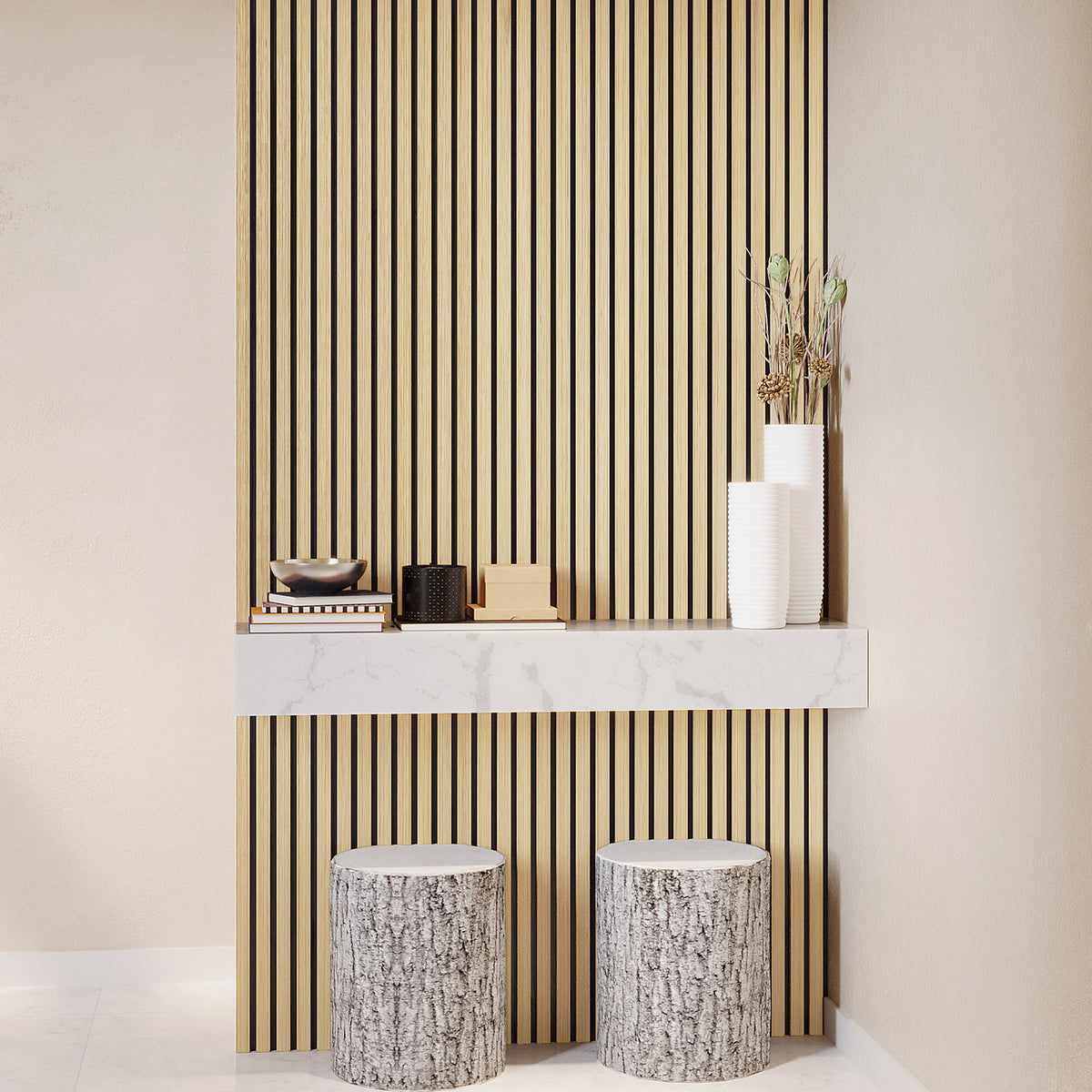 Agoran 240cm Acoustic Wood Slat Wall Panel - Set of 2 Oak, featuring a close-up of wood slats with a sleek finish, showcasing the modern design suitable for soundproofing and decor.