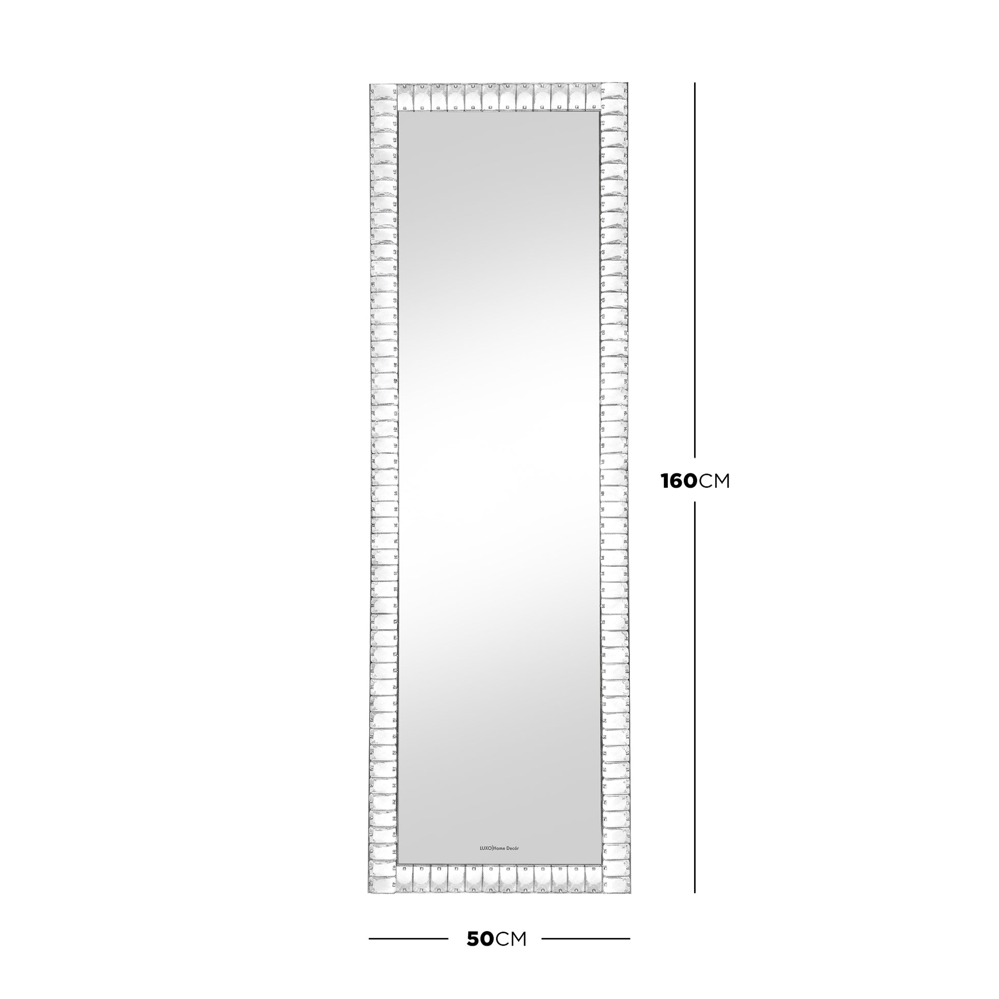 Eldor 160cm Crystal LED Full Length Mirror with silver crystal border, 50cm wide and 160cm tall, on white background
