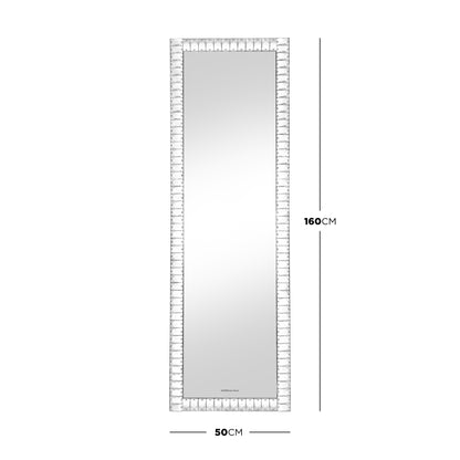 Eldor 160cm Crystal LED Full Length Mirror with silver crystal border, 50cm wide and 160cm tall, on white background