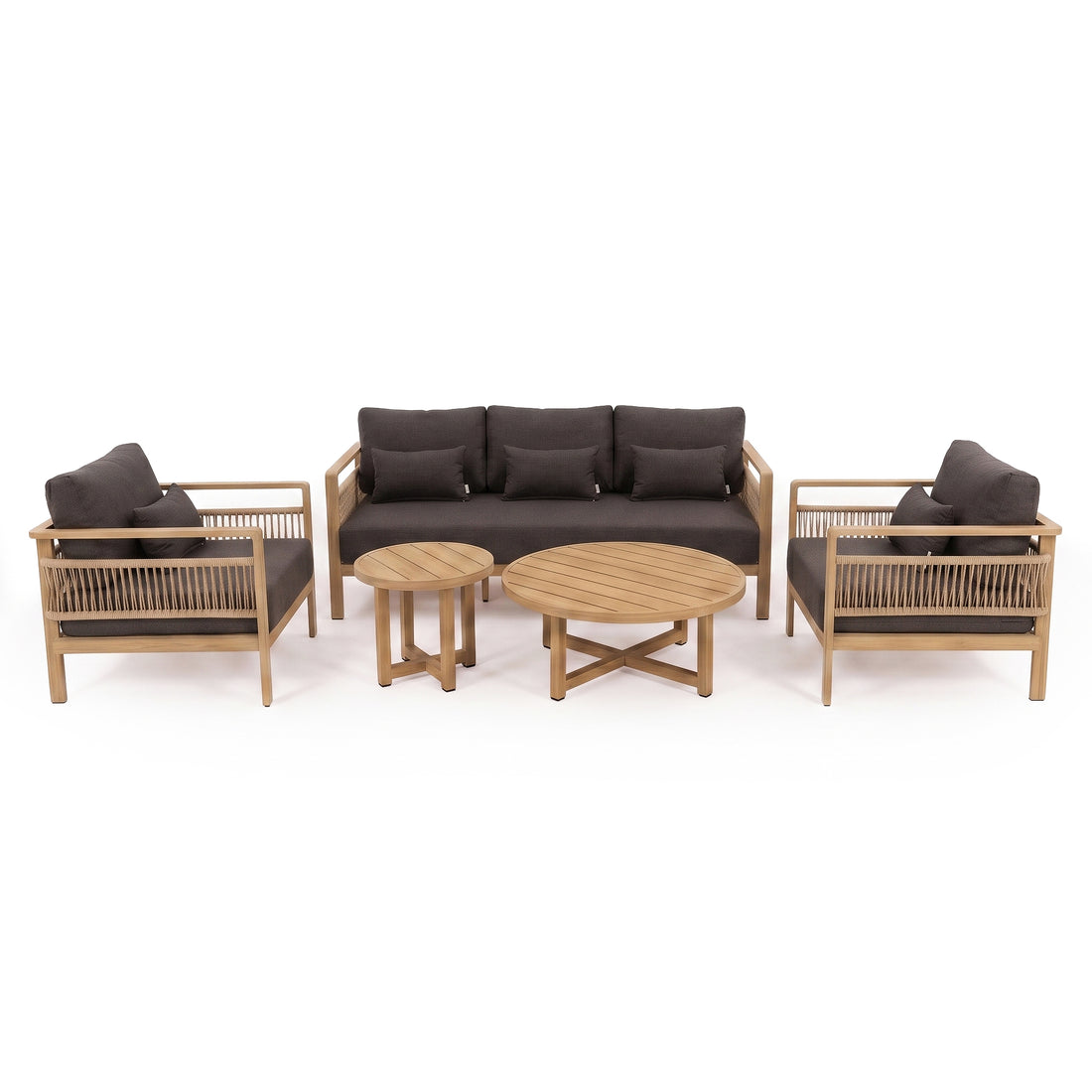 Outdoor furniture set with sofa, armchairs, coffee table, and side table on a white background