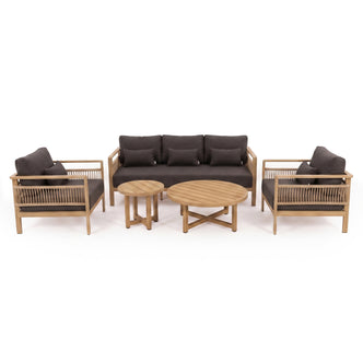 Outdoor furniture set with sofa, armchairs, coffee table, and side table on a white background