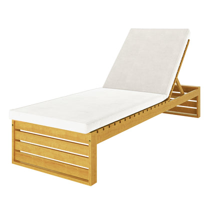 Alabat Hardwood Outdoor Sun Lounger Set of 2 in Cream, featuring slatted wood design with adjustable backrest and white cushion, showcasing modern style and acacia wood's natural grain patterns.