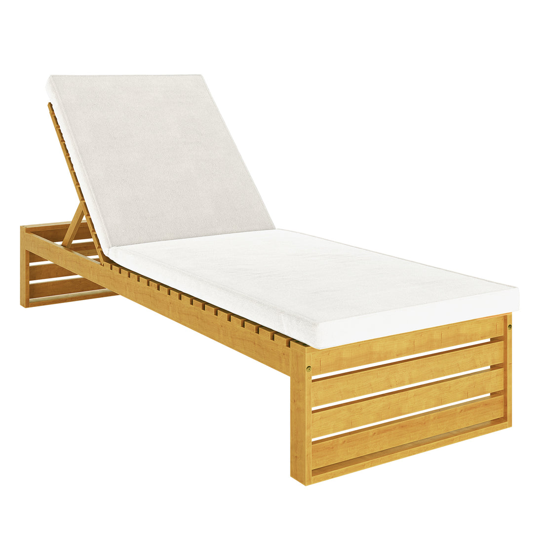 Alabat Hardwood Outdoor Sun Lounger Set of 2 in Cream, featuring an adjustable slatted acacia wood frame and thick white cushions, ideal for outdoor relaxation with weather-resistant durability.