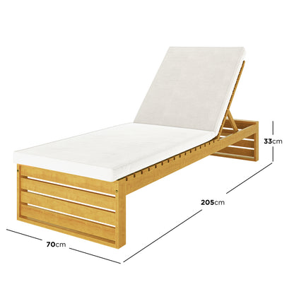 Alabat Hardwood Outdoor Sun Lounger Set of 2 in Cream, featuring a wooden frame with white cushions, adjustable backrests, and dimensions of 205cm length, 70cm width, and 33cm height.