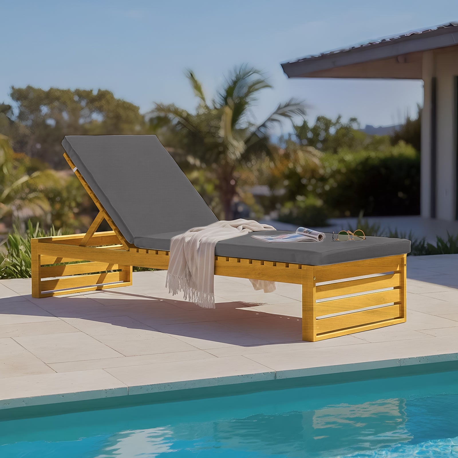 Alabat Acacia Wood Outdoor Sun Lounger with Cushion in Grey, featuring adjustable backrest, wooden frame, and light throw