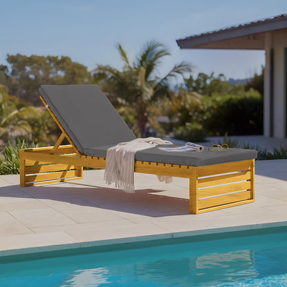 Alabat Acacia Wood Outdoor Sun Lounger with Cushion in Grey, featuring adjustable backrest, wooden frame, and light throw